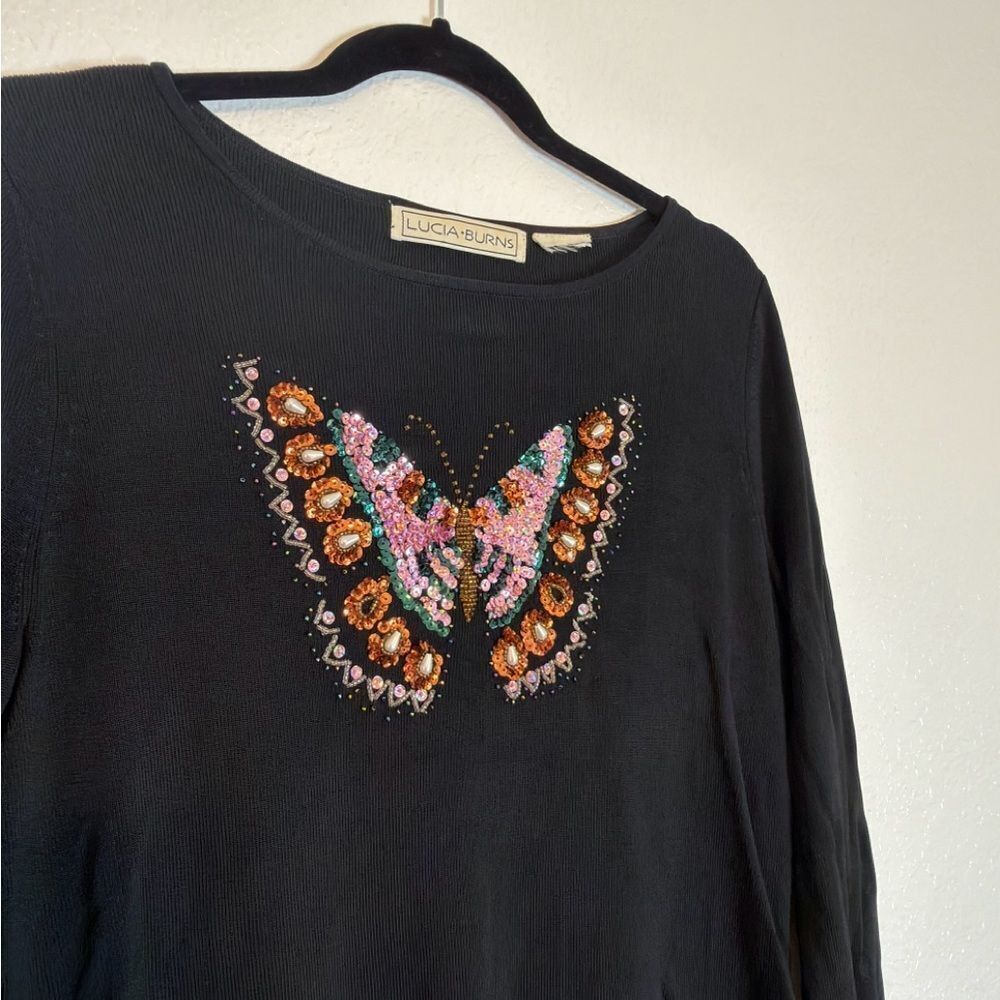 Vintage retro Y2K Lucia Burns Black knitTop with embellished boho Butterfly - Picture 2 of 8